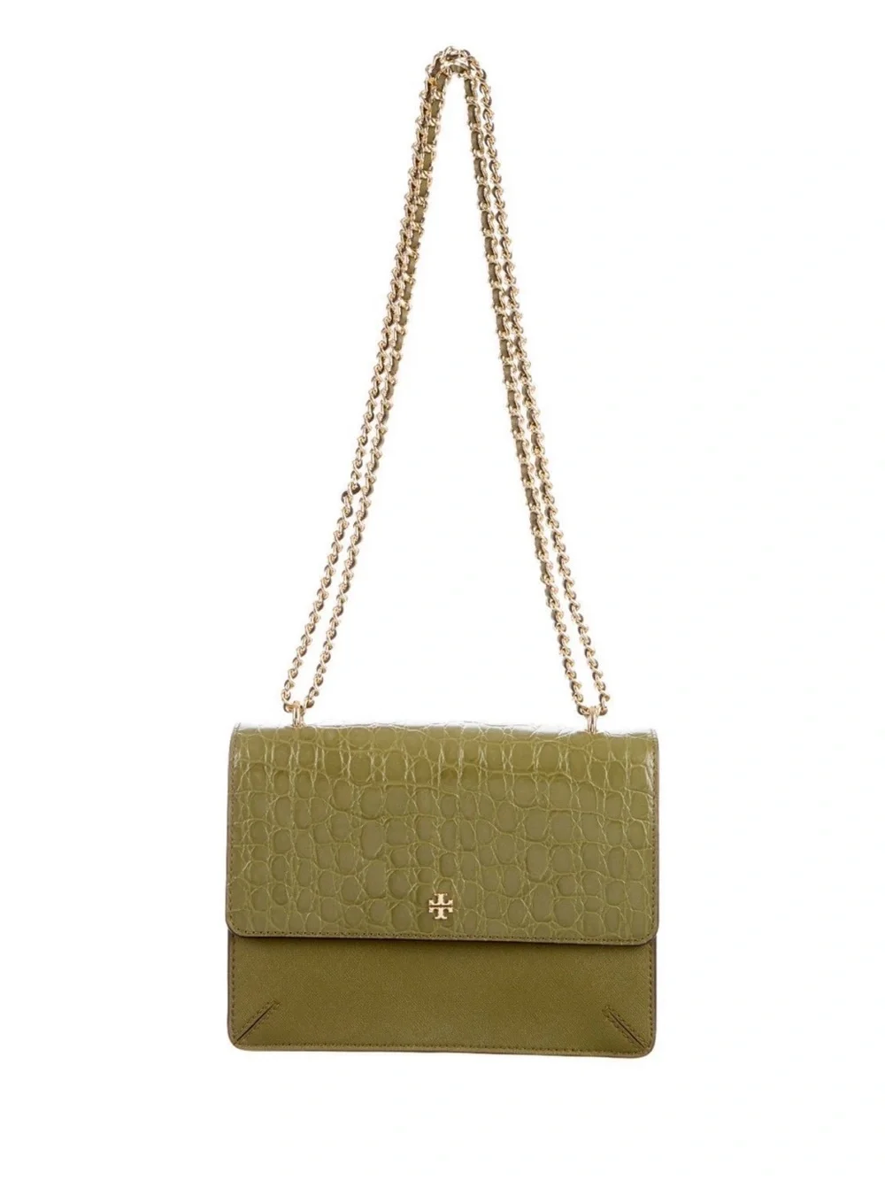 Tory Burch Olive Croc-Embossed Shoulder Bag with Gold Chain